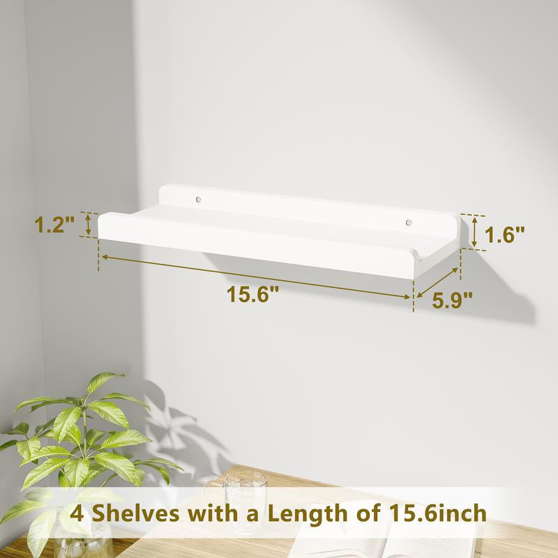 White Floating Shelves for Wall Set of 4, Wood Wall Shelves with Lip,15.6 Inch Rustic Hanging Shelves for Bedroom Bathroom Living Room Kitchen Nursery Display