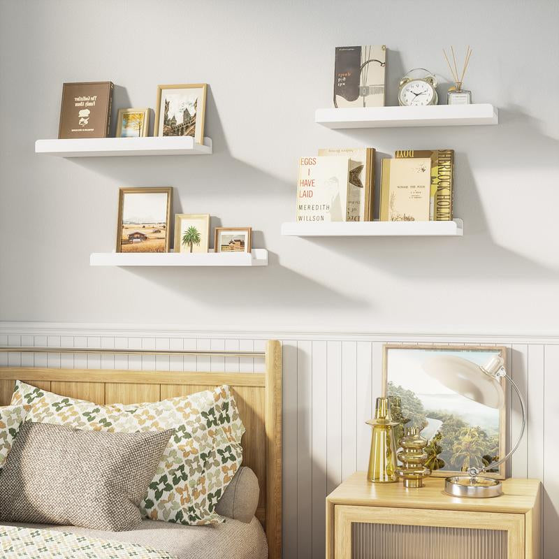 White Floating Shelves for Wall Set of 4, Wood Wall Shelves with Lip,15.6 Inch Rustic Hanging Shelves for Bedroom Bathroom Living Room Kitchen Nursery Display